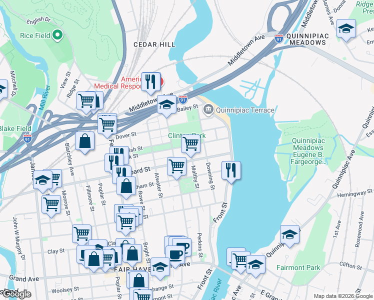 map of restaurants, bars, coffee shops, grocery stores, and more near 140 Lombard Street in New Haven