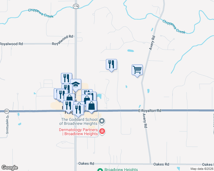 map of restaurants, bars, coffee shops, grocery stores, and more near 1709 Stoney Run Circle in Broadview Heights