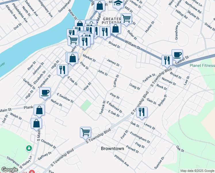 map of restaurants, bars, coffee shops, grocery stores, and more near 156-1/2 Pine Street in Pittston