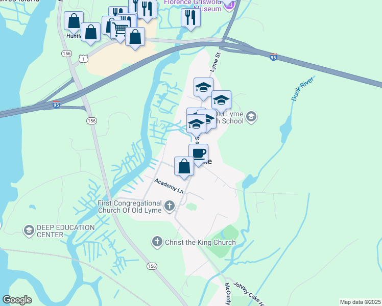 map of restaurants, bars, coffee shops, grocery stores, and more near in Old Lyme