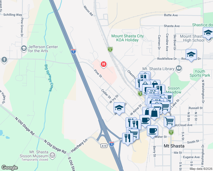 map of restaurants, bars, coffee shops, grocery stores, and more near 724 Cedar Street in Mount Shasta
