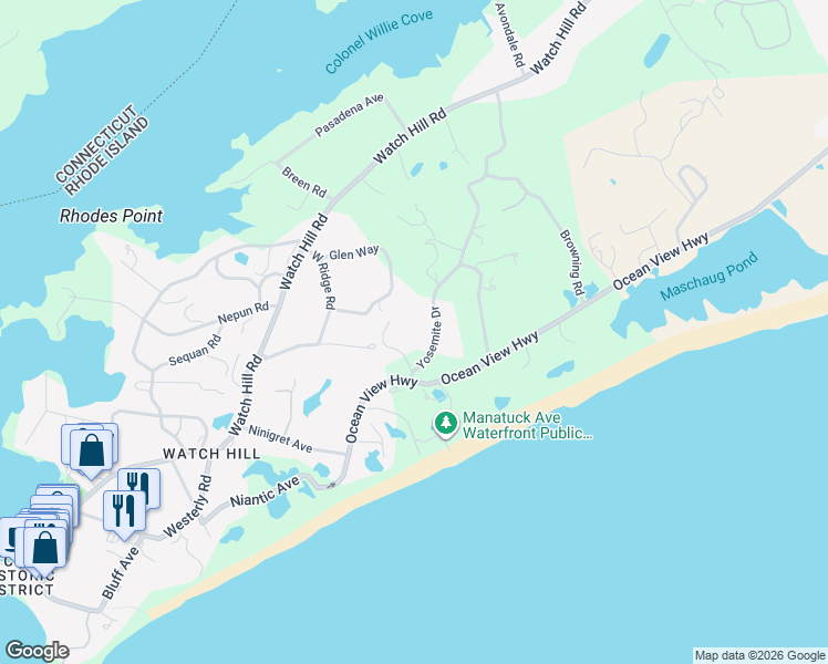 map of restaurants, bars, coffee shops, grocery stores, and more near 6 Overlook Drive in Westerly