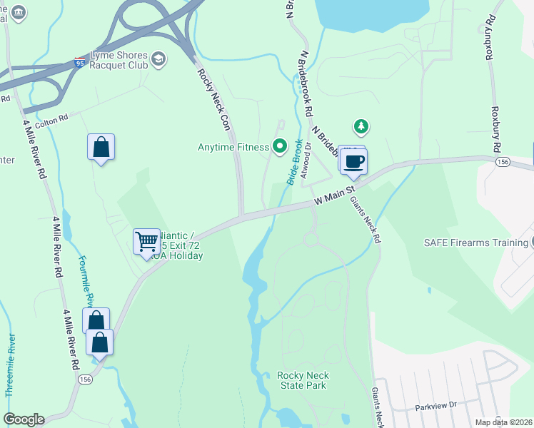 map of restaurants, bars, coffee shops, grocery stores, and more near West Main Street & Liberty Way in East Lyme