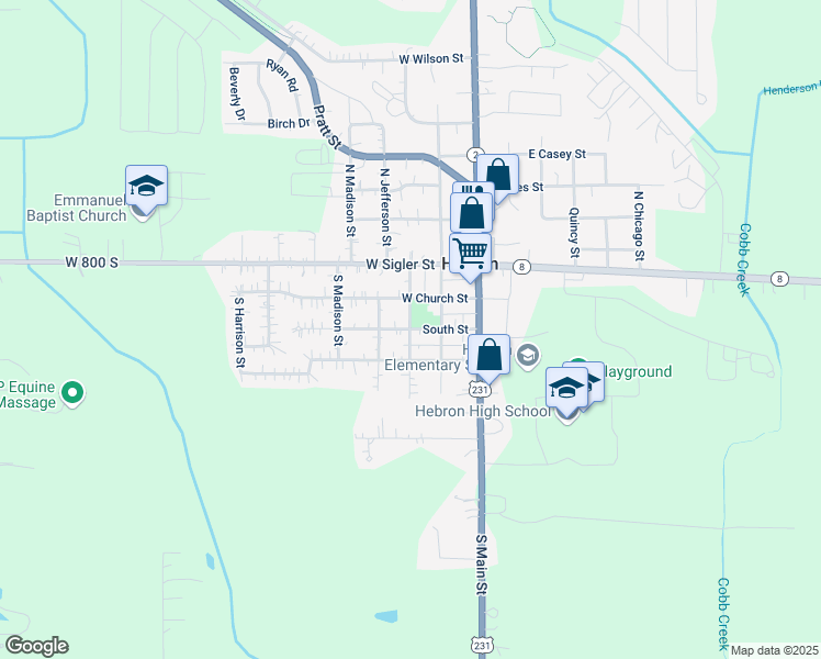 map of restaurants, bars, coffee shops, grocery stores, and more near 299 South Adams Street in Hebron