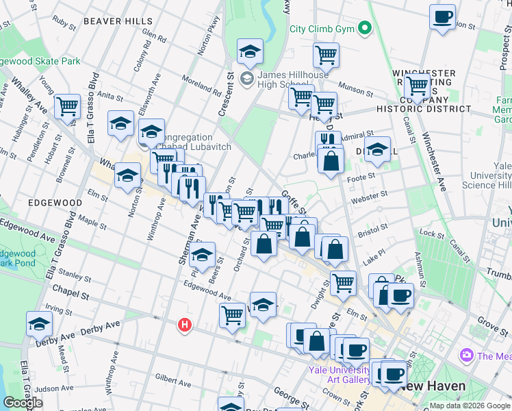 map of restaurants, bars, coffee shops, grocery stores, and more near 59 County Street in New Haven