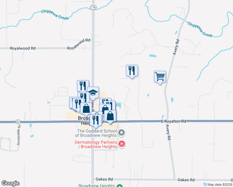 map of restaurants, bars, coffee shops, grocery stores, and more near 2503 Stoney Run Trail in Broadview Heights