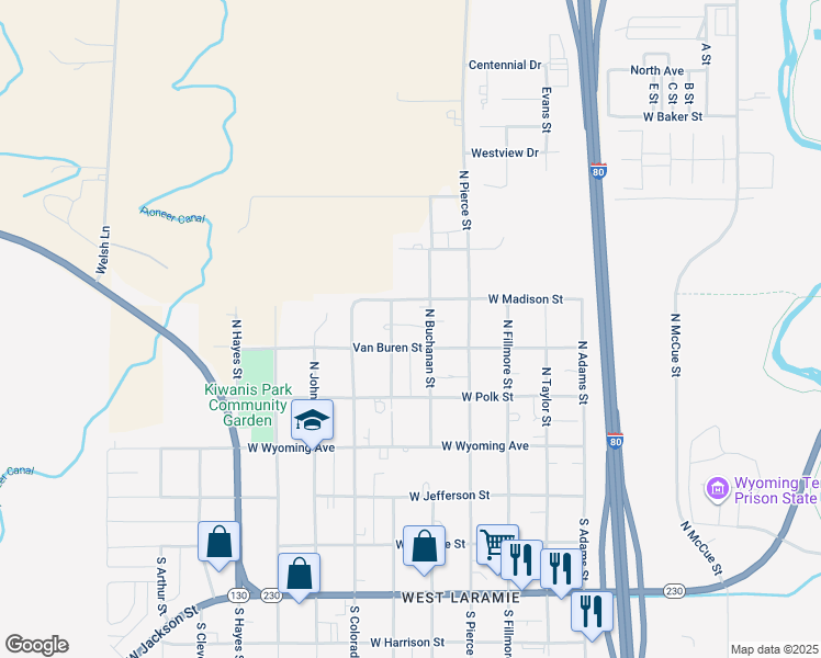 map of restaurants, bars, coffee shops, grocery stores, and more near 388 North Buchanan Street in Laramie