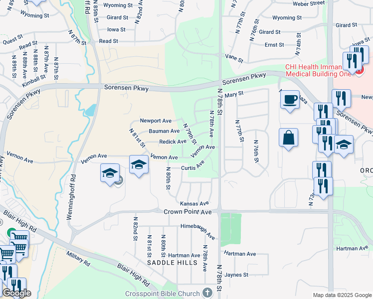 map of restaurants, bars, coffee shops, grocery stores, and more near 7859 Redick Avenue in Omaha