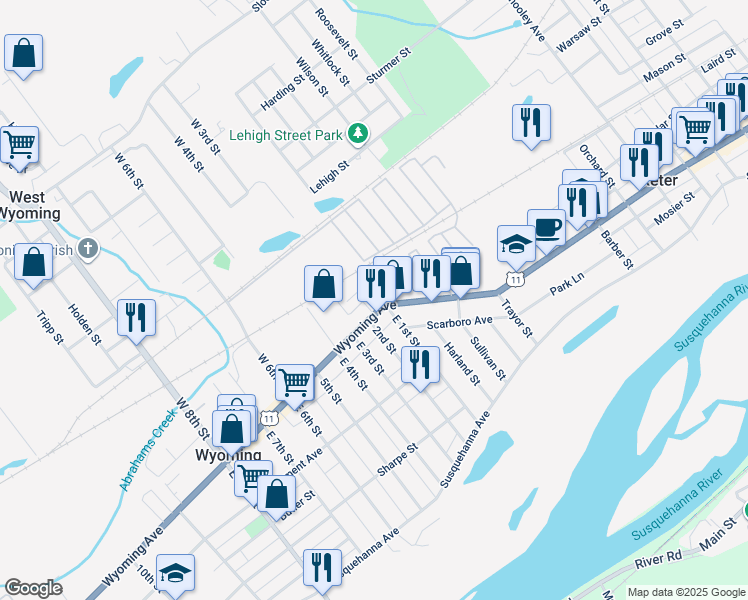 map of restaurants, bars, coffee shops, grocery stores, and more near 3 Wyoming Avenue in Wyoming