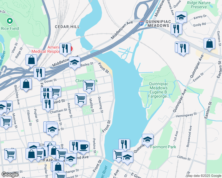 map of restaurants, bars, coffee shops, grocery stores, and more near 366 Front Street in New Haven