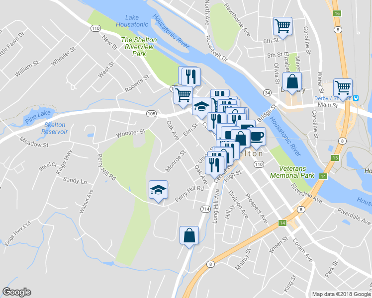 map of restaurants, bars, coffee shops, grocery stores, and more near 74 Oak Avenue in Shelton