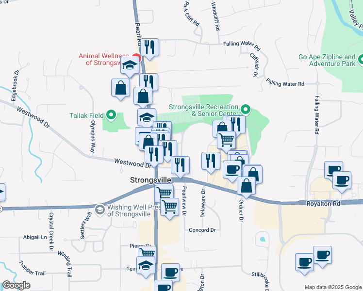 map of restaurants, bars, coffee shops, grocery stores, and more near 18700 Westwood Drive in Strongsville