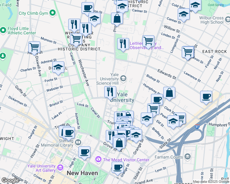 map of restaurants, bars, coffee shops, grocery stores, and more near 195 Prospect Street in New Haven