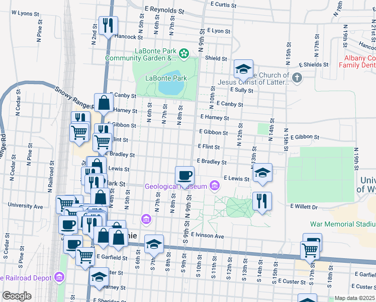 map of restaurants, bars, coffee shops, grocery stores, and more near 655 North 9th Street in Laramie