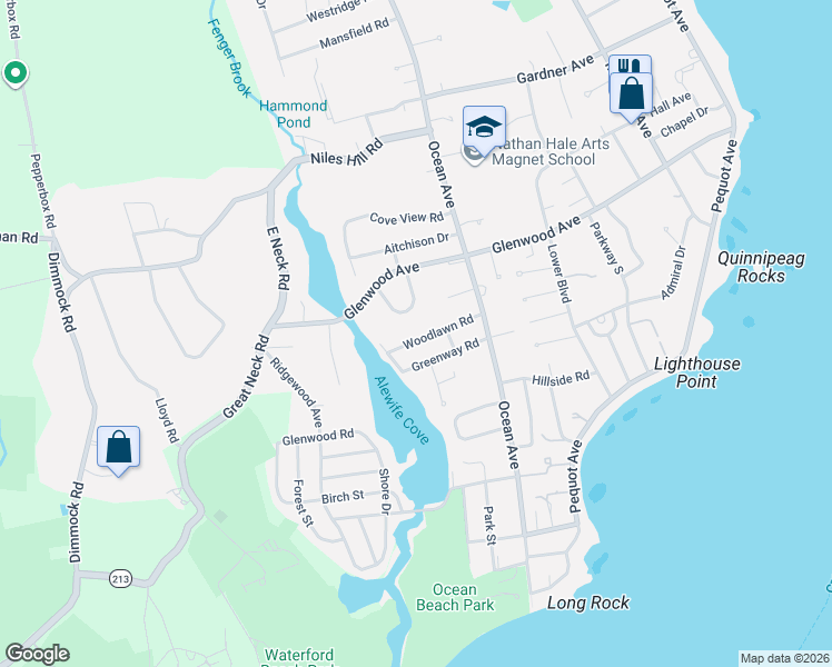map of restaurants, bars, coffee shops, grocery stores, and more near 26 Glenwood Place in New London
