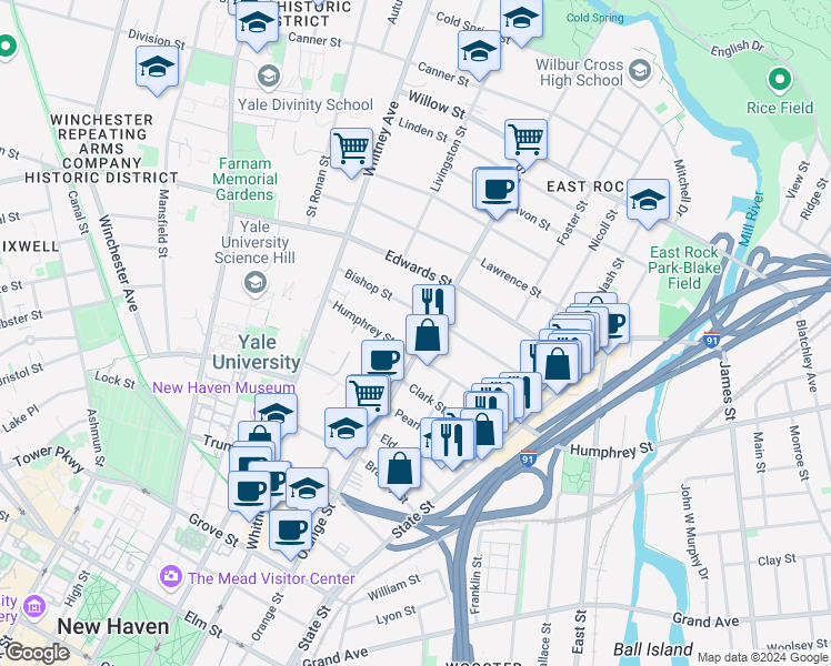 map of restaurants, bars, coffee shops, grocery stores, and more near 172 Bishop Street in New Haven