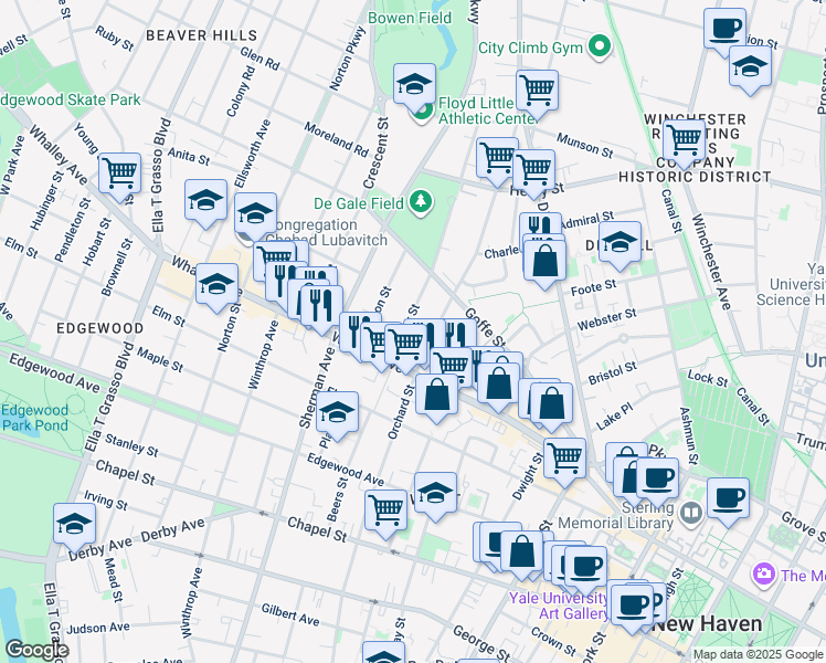 map of restaurants, bars, coffee shops, grocery stores, and more near 59 County Street in New Haven