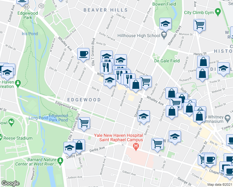 map of restaurants, bars, coffee shops, grocery stores, and more near 390 Whalley Avenue in New Haven