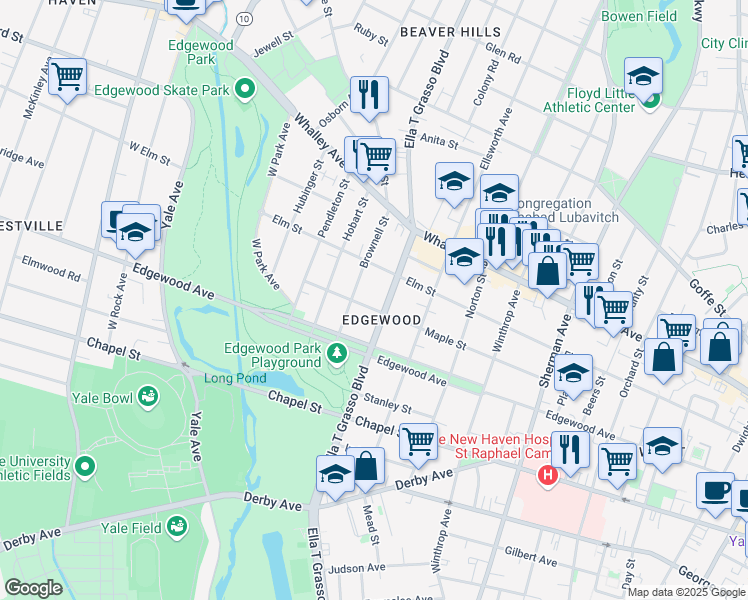 map of restaurants, bars, coffee shops, grocery stores, and more near 61 Brownell Street in New Haven