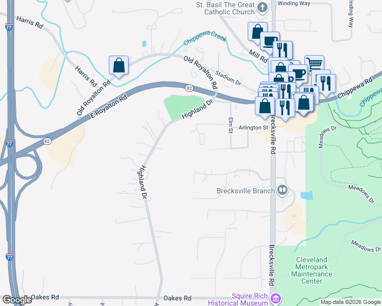 map of restaurants, bars, coffee shops, grocery stores, and more near 6720 Chaffee Court in Brecksville