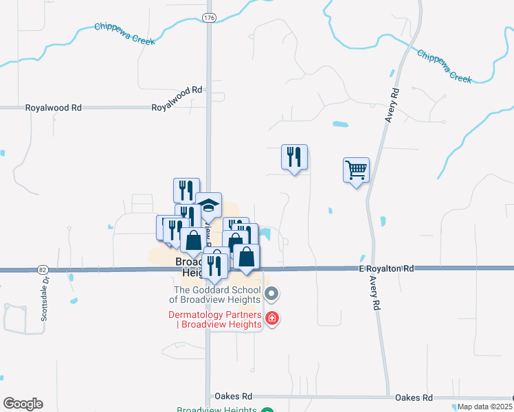 map of restaurants, bars, coffee shops, grocery stores, and more near 2507 Stoney Run Trail in Broadview Heights