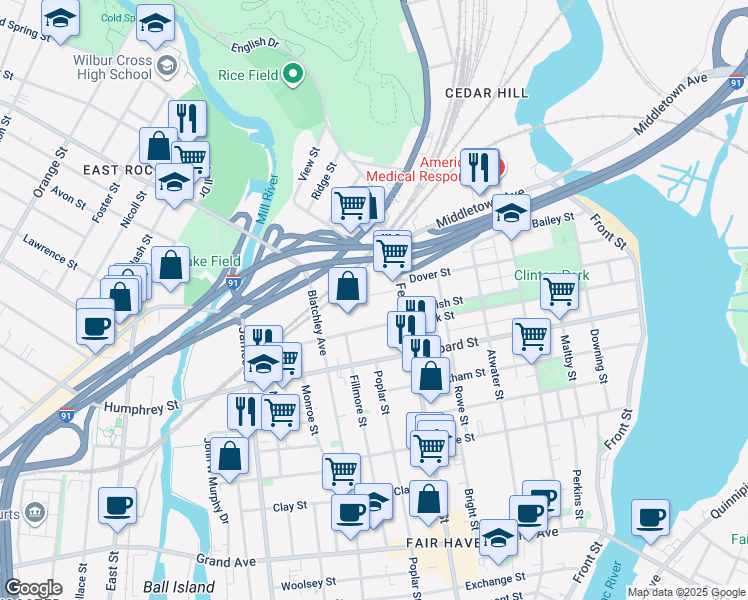 map of restaurants, bars, coffee shops, grocery stores, and more near 32 Fox Street in New Haven