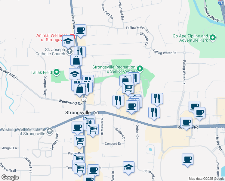 map of restaurants, bars, coffee shops, grocery stores, and more near 18572 Royalton Road in Strongsville