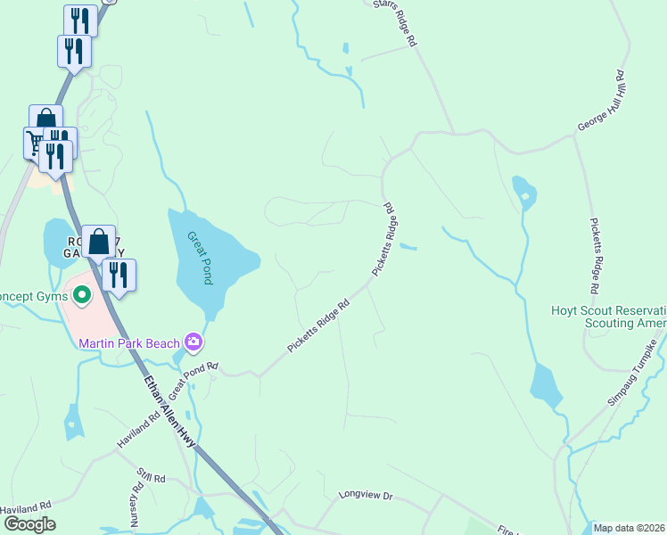 map of restaurants, bars, coffee shops, grocery stores, and more near 8 Great Pond Lane in Redding