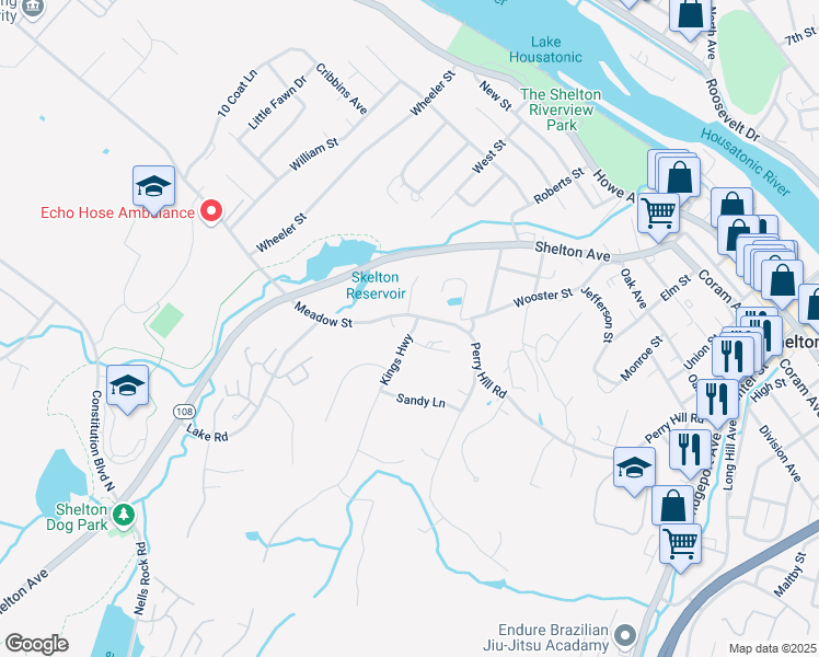 map of restaurants, bars, coffee shops, grocery stores, and more near 11 Kingswood Manor in Shelton