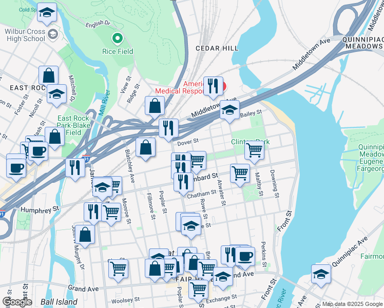 map of restaurants, bars, coffee shops, grocery stores, and more near 199 English Street in New Haven