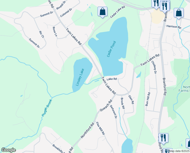 map of restaurants, bars, coffee shops, grocery stores, and more near 219 Twin Lakes Road in North Branford