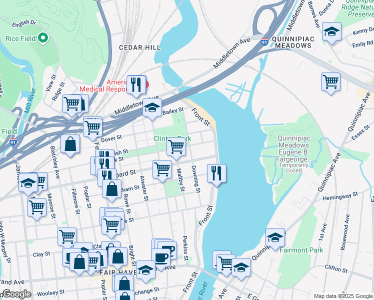 map of restaurants, bars, coffee shops, grocery stores, and more near 121 Downing Street in New Haven