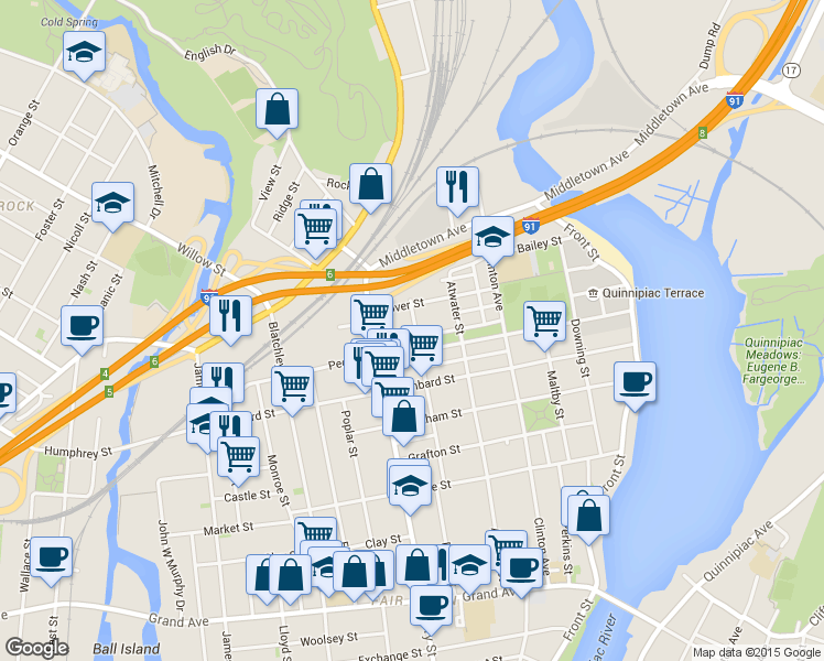 map of restaurants, bars, coffee shops, grocery stores, and more near 194 Dover Street in New Haven