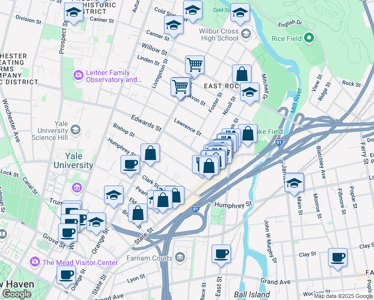 map of restaurants, bars, coffee shops, grocery stores, and more near 19 Foster Street in New Haven