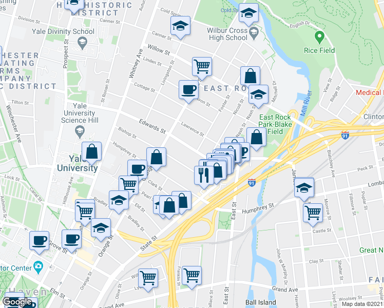 map of restaurants, bars, coffee shops, grocery stores, and more near 124 Edwards Street in New Haven