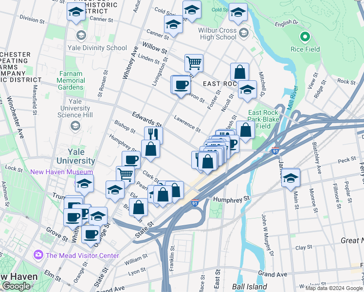 map of restaurants, bars, coffee shops, grocery stores, and more near 124 Edwards Street in New Haven
