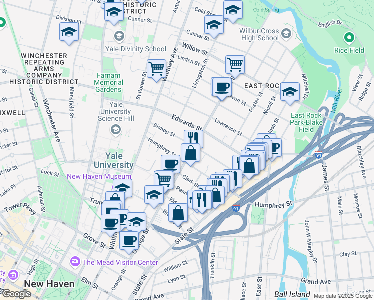map of restaurants, bars, coffee shops, grocery stores, and more near 172 Bishop Street in New Haven