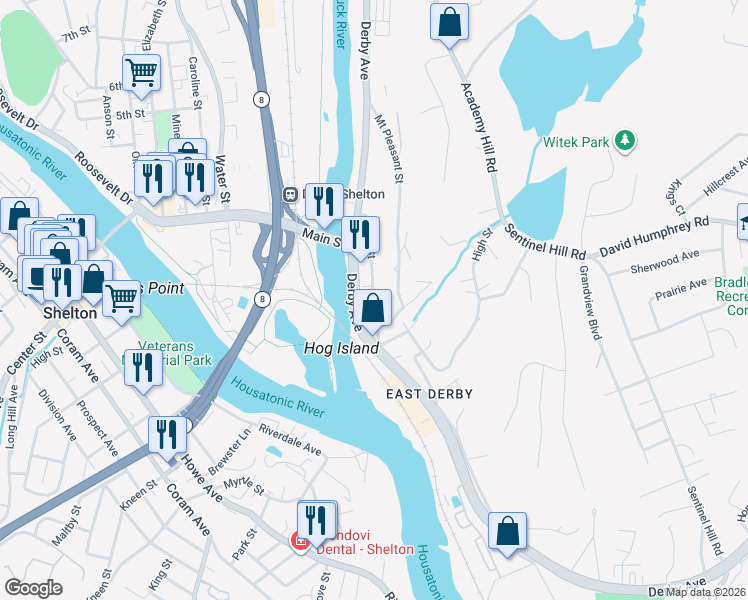 map of restaurants, bars, coffee shops, grocery stores, and more near 57 Bank Street in Derby