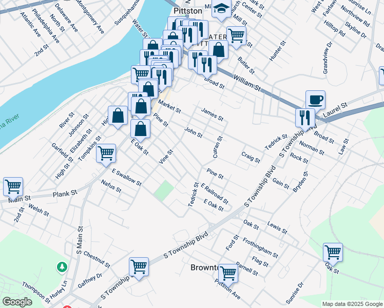 map of restaurants, bars, coffee shops, grocery stores, and more near 92 Pine St in Pittston