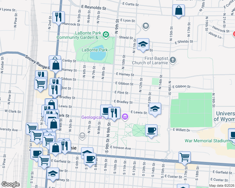 map of restaurants, bars, coffee shops, grocery stores, and more near 659 North 10th Street in Laramie