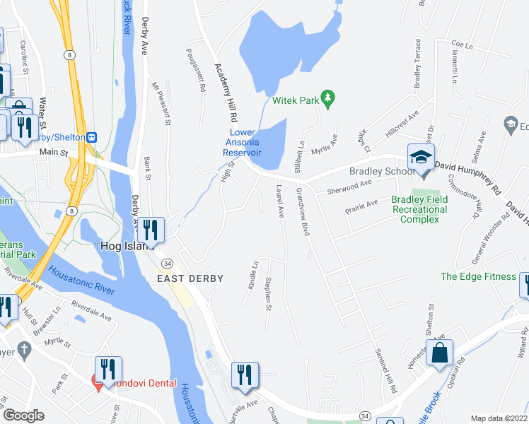 map of restaurants, bars, coffee shops, grocery stores, and more near 48 McLaughlin Terrace in Derby