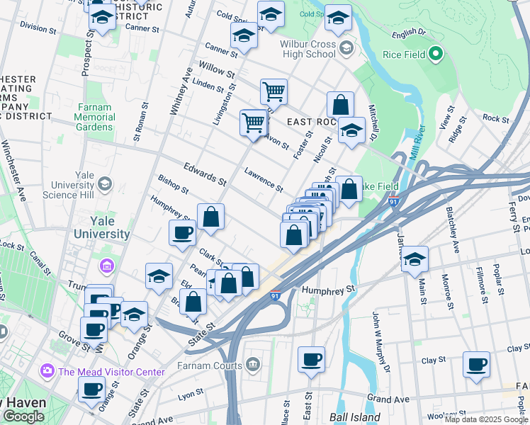 map of restaurants, bars, coffee shops, grocery stores, and more near 19 Foster Street in New Haven
