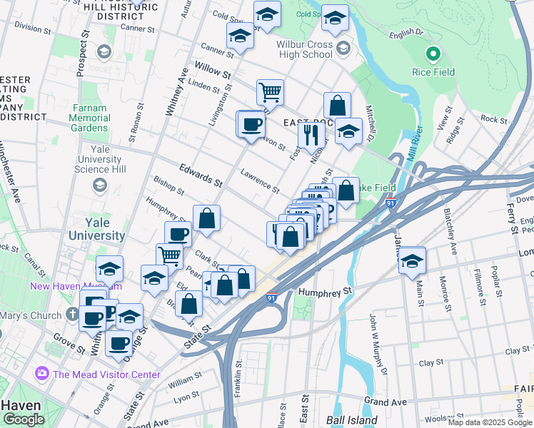 map of restaurants, bars, coffee shops, grocery stores, and more near 78 Edwards Street in New Haven