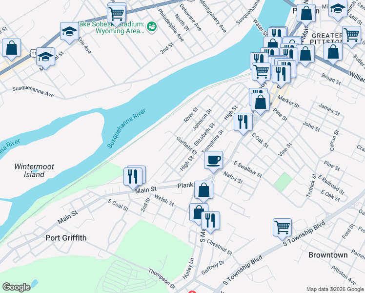 map of restaurants, bars, coffee shops, grocery stores, and more near 118 Johnson Street in Pittston