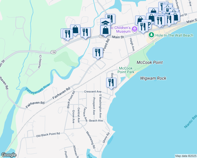 map of restaurants, bars, coffee shops, grocery stores, and more near 4 South Washington Avenue in East Lyme