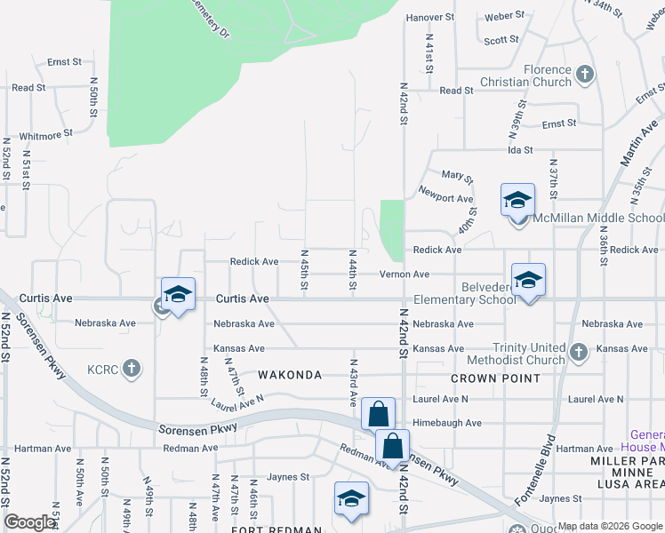 map of restaurants, bars, coffee shops, grocery stores, and more near 4413 Redick Avenue in Omaha