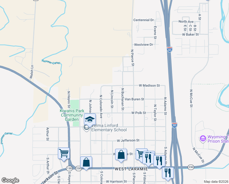 map of restaurants, bars, coffee shops, grocery stores, and more near 388 North Buchanan Street in Laramie