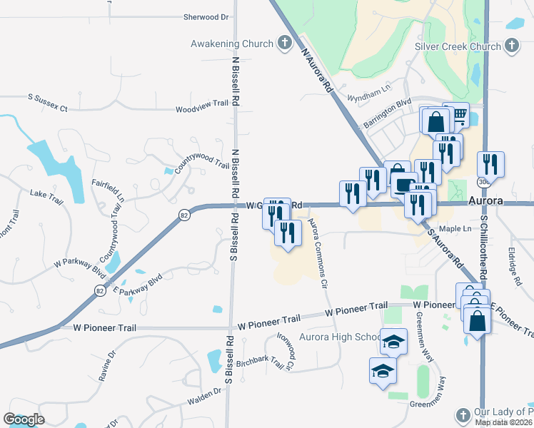 map of restaurants, bars, coffee shops, grocery stores, and more near 353 Saint Rt 82 in Aurora