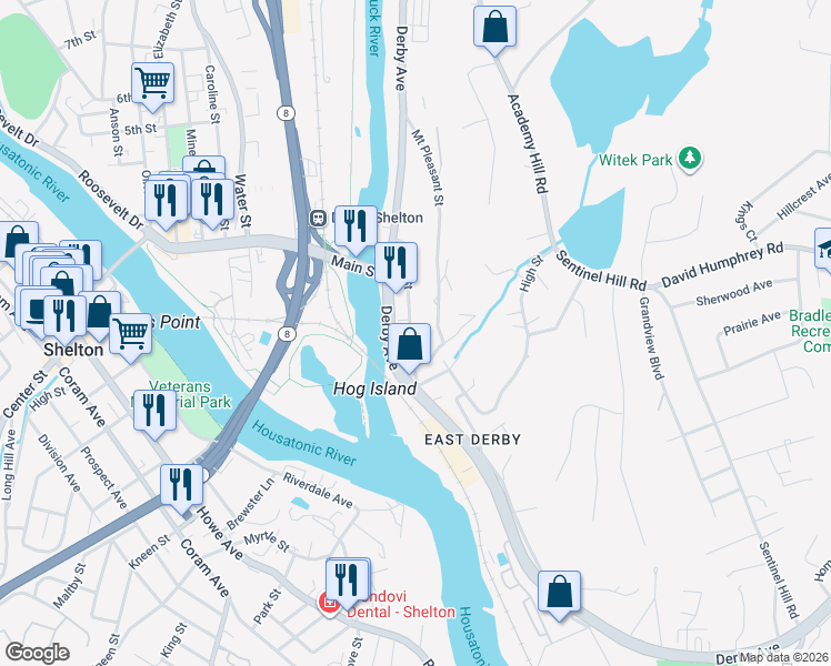 map of restaurants, bars, coffee shops, grocery stores, and more near 57 Bank Street in Derby
