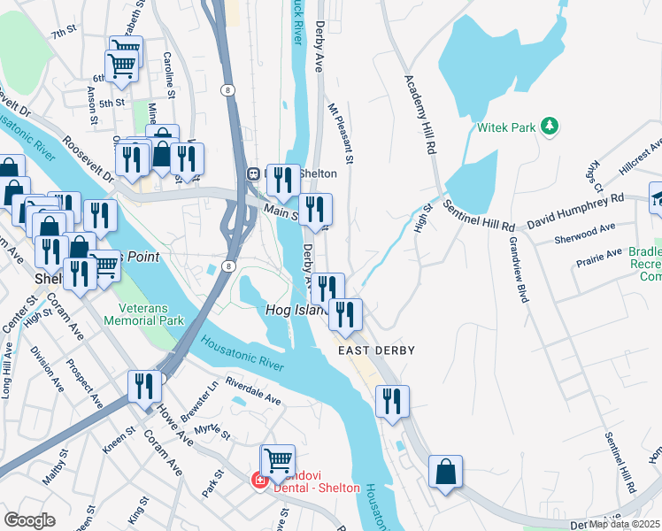 map of restaurants, bars, coffee shops, grocery stores, and more near 45 Bank Street in Derby